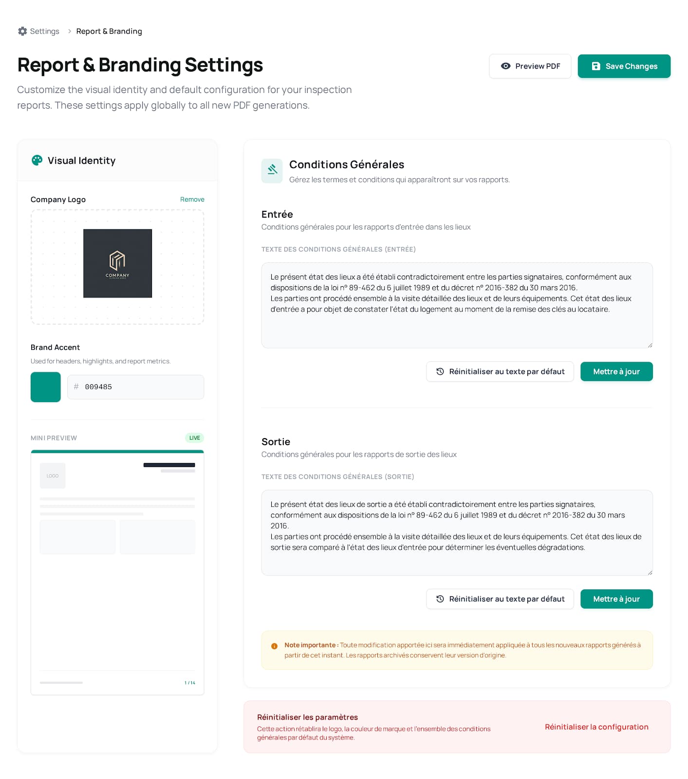 Personnalisation des rapports PDF - Logo et couleurs de marque